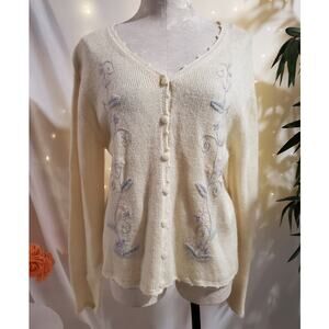 Vtg NWB Casuals Embroidered Floral Mohair Ramie Button Cardigan Sweater Size L